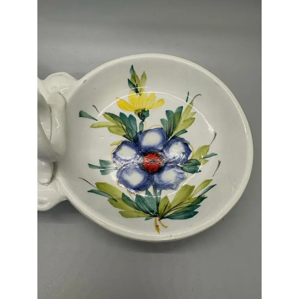 Vintage Beautiful Hand Painted Divided Dish Floral Handle Made In Italy Spring